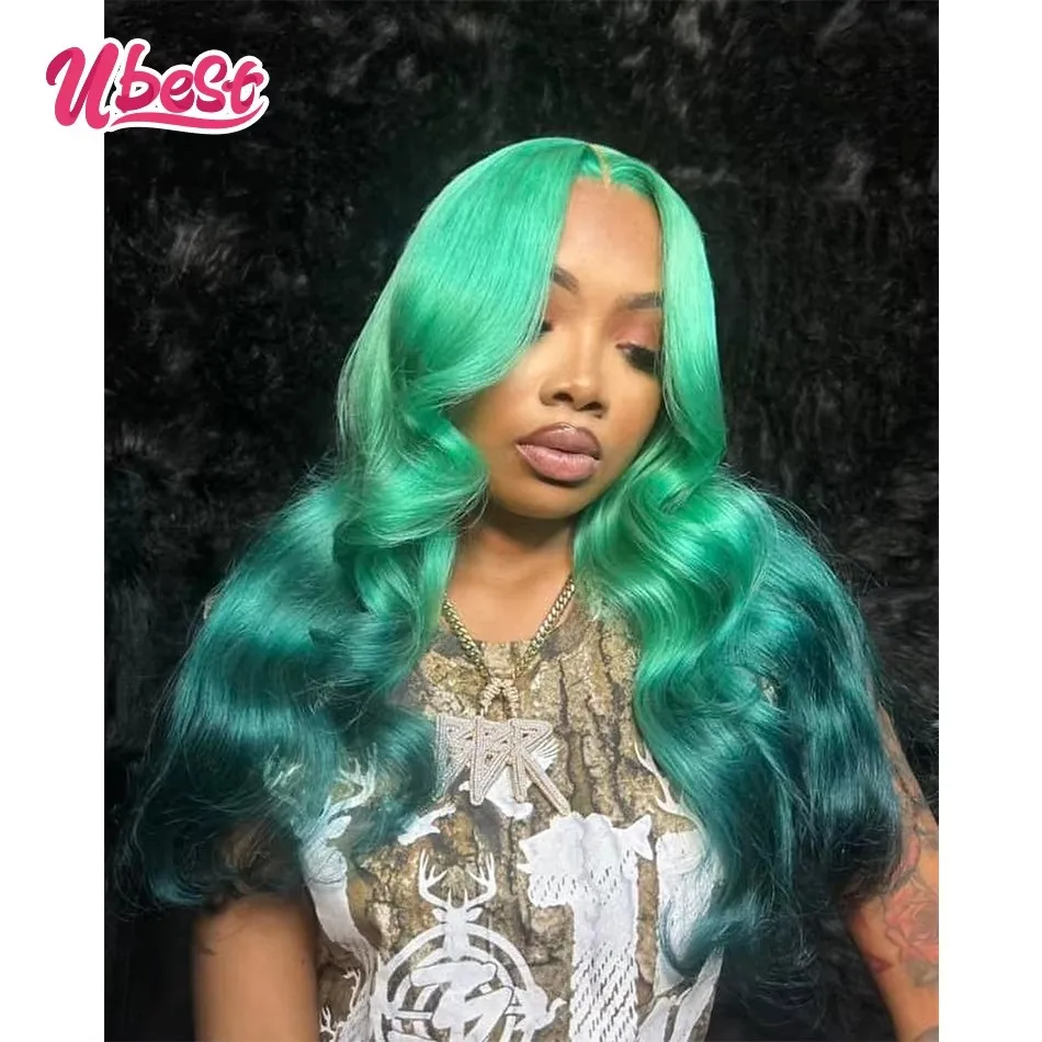 

Turquoise Green Colored Body Wave 13x6 Lace Front Wigs Brazilian 100％ Human Hair Transparent Glueless Wig Pre Plucked For Women