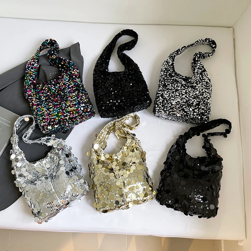 

Women's Sequined Shoulder Bag American Fashion High Street Bucket Bags Trendy Luxury Design Shiny Female Party Handbags
