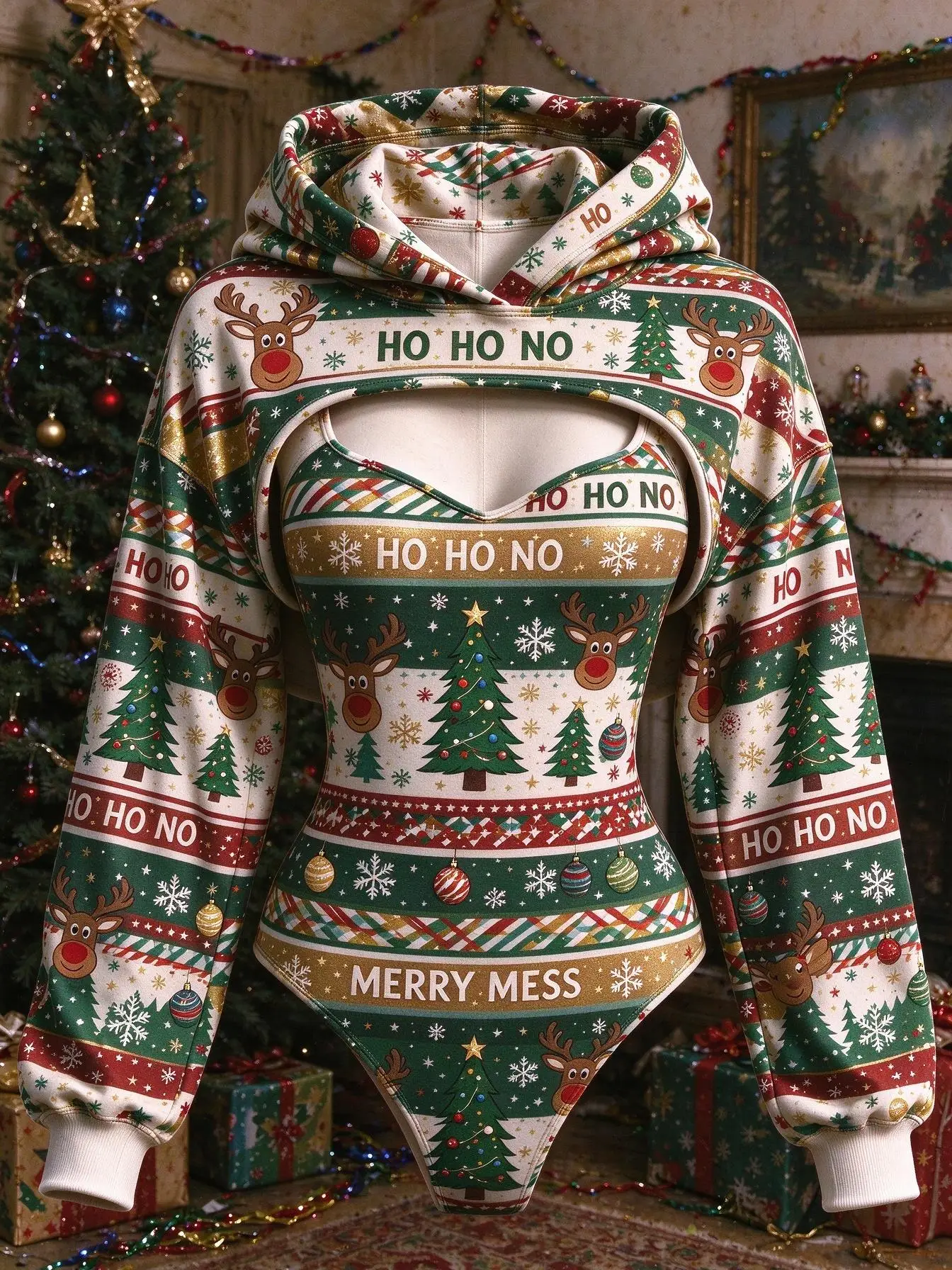 Women Christmas Reindeer Tree Snowflake Slogan Print 2 Piece Outfit Hooded Shrug Bodysuit Long Sleeve