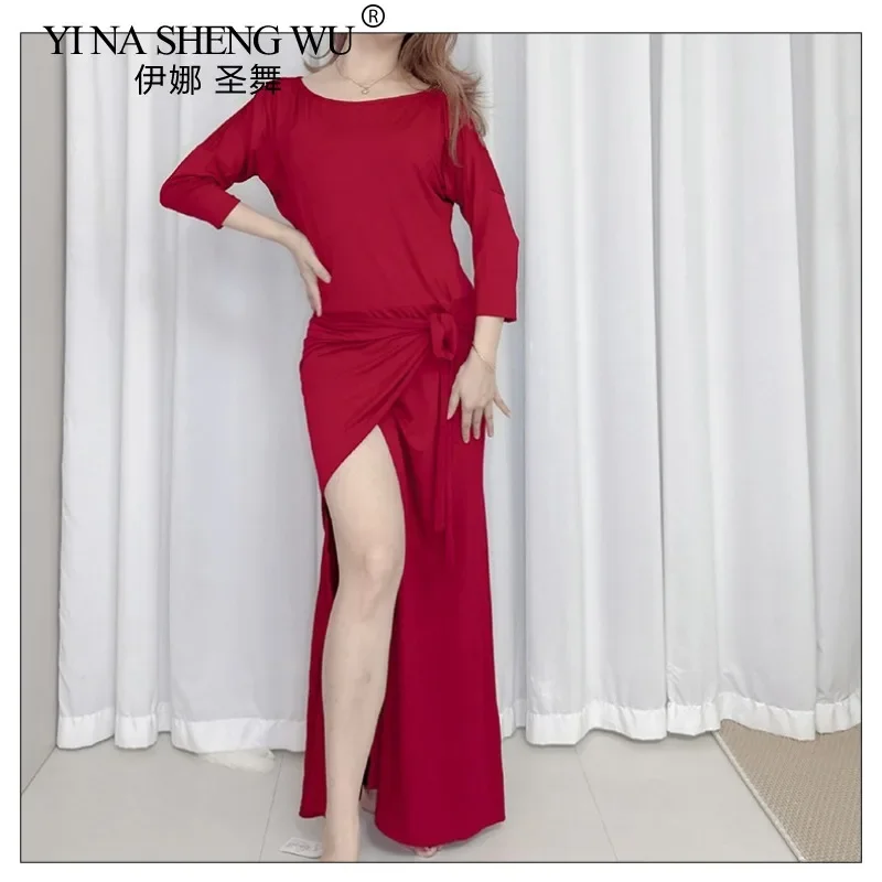 Traje de práctica de danza del vientre Modal burdeos para mujer, bata con lazo en la cintura, ropa de entrenamiento de baile para bailarinas femeninas, venta al por mayor