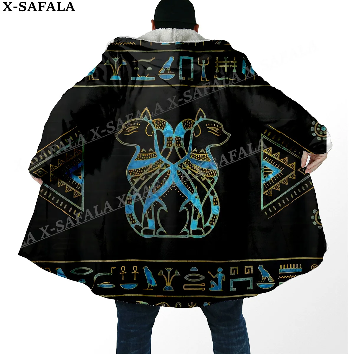 Pharaoh Ancient Egyptian Cat Print Thick Warm Hooded Cloak Men Overcoat Coat Windproof Fleece Cape Robe Hooded Blanket-6