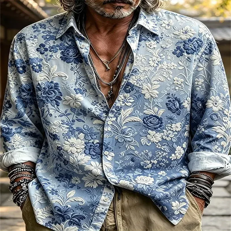 New Zen inspired retro casual shirt with ink painting, gold chrysanthemum branch print, men's long sleeved shirt