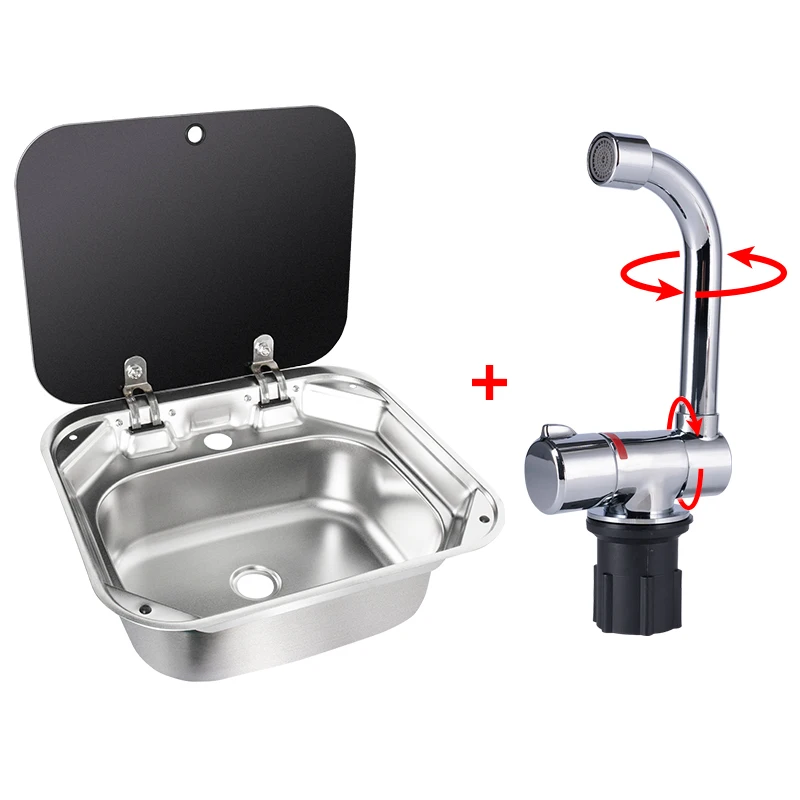 RV 420mm Sink Stainless Steel Square Sink with Faucet Tempered Glass Cover for RV Caravan Camper Kitchen Accessories