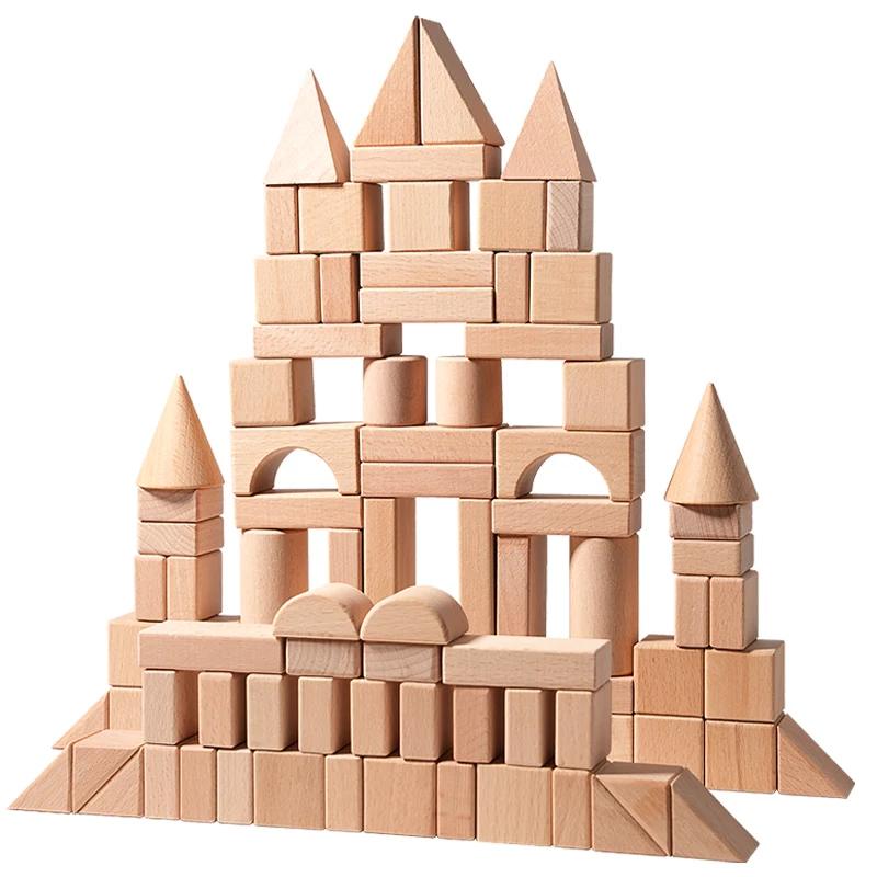 

100pcs Building Blocks Natural Wood Geometric Storage Bucket and Shape Sorter Lid for Toddlers Montessori Educational Toys