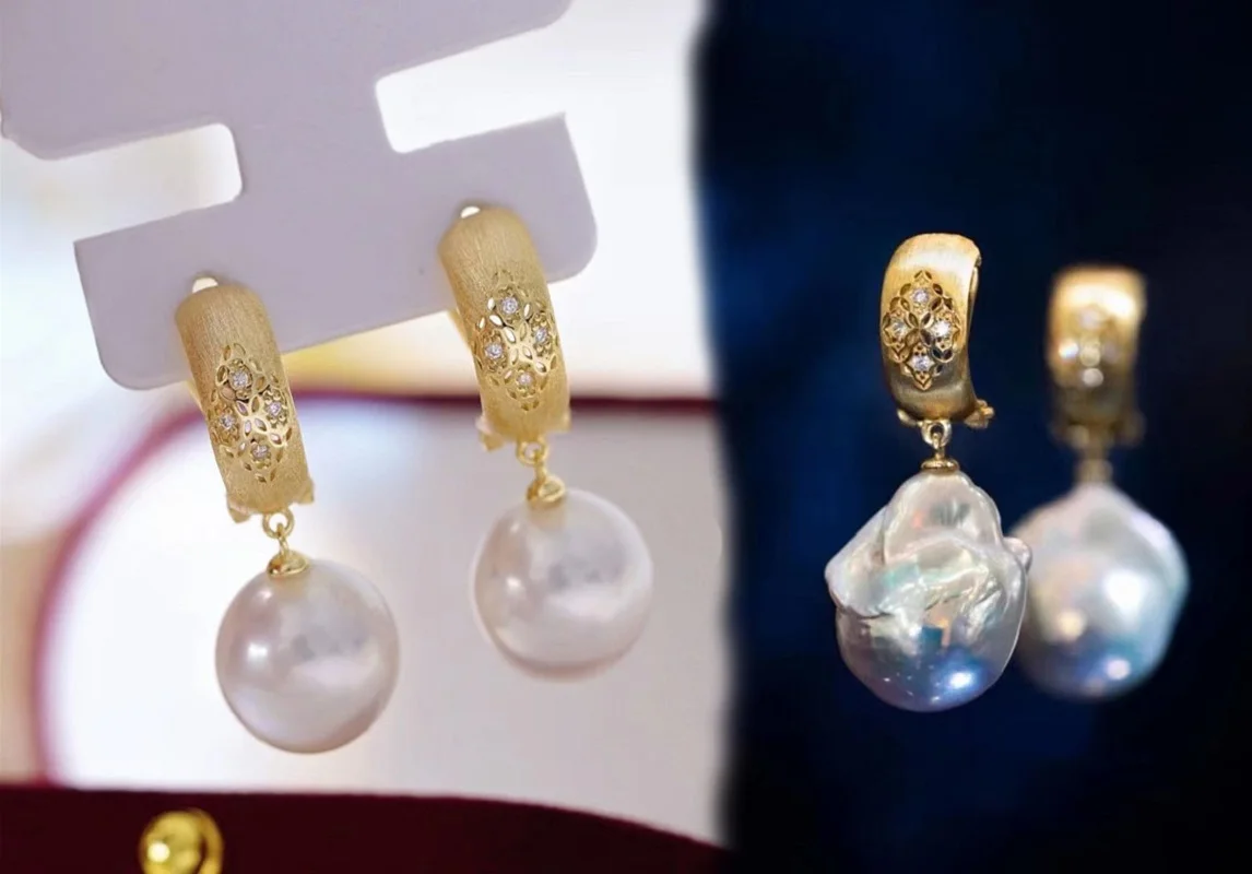 AAAA 9-10mm 10-11mm 11-12mm 12-13mm 13-14mm Japan akoya round Pearl  Earrings S925 silver retro hollow frosted Baroque pearl