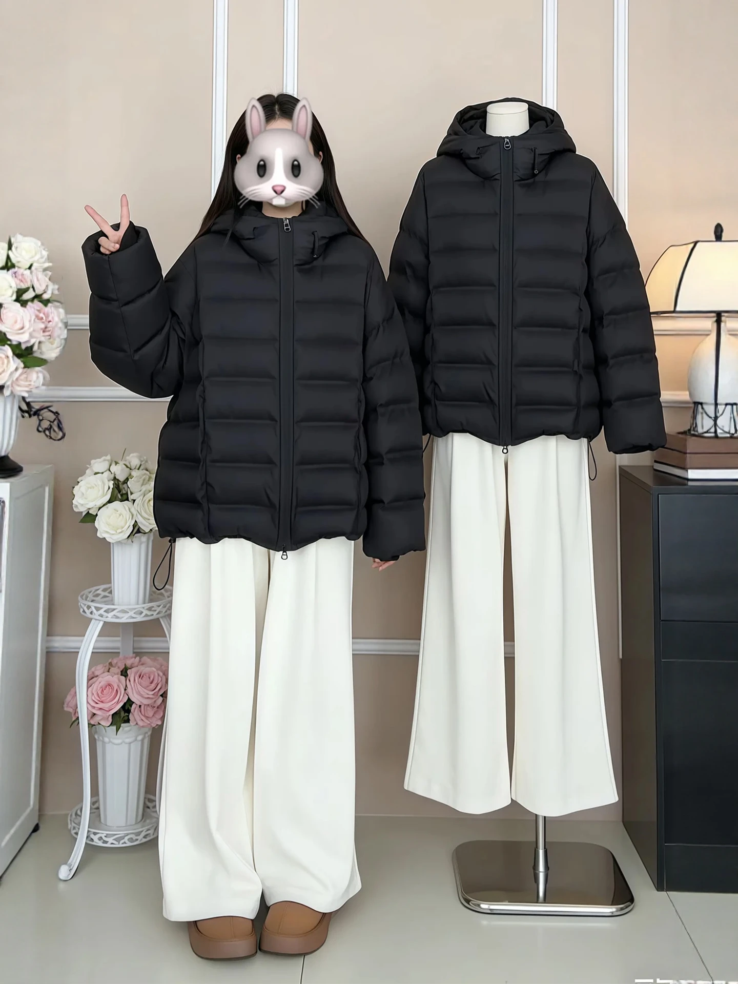 

Зимний модный комплект больших размеров для женщин: черная хлопковая куртка с капюшоном и брюки с высокой талией, теплый повседневный костюм из двух предметов