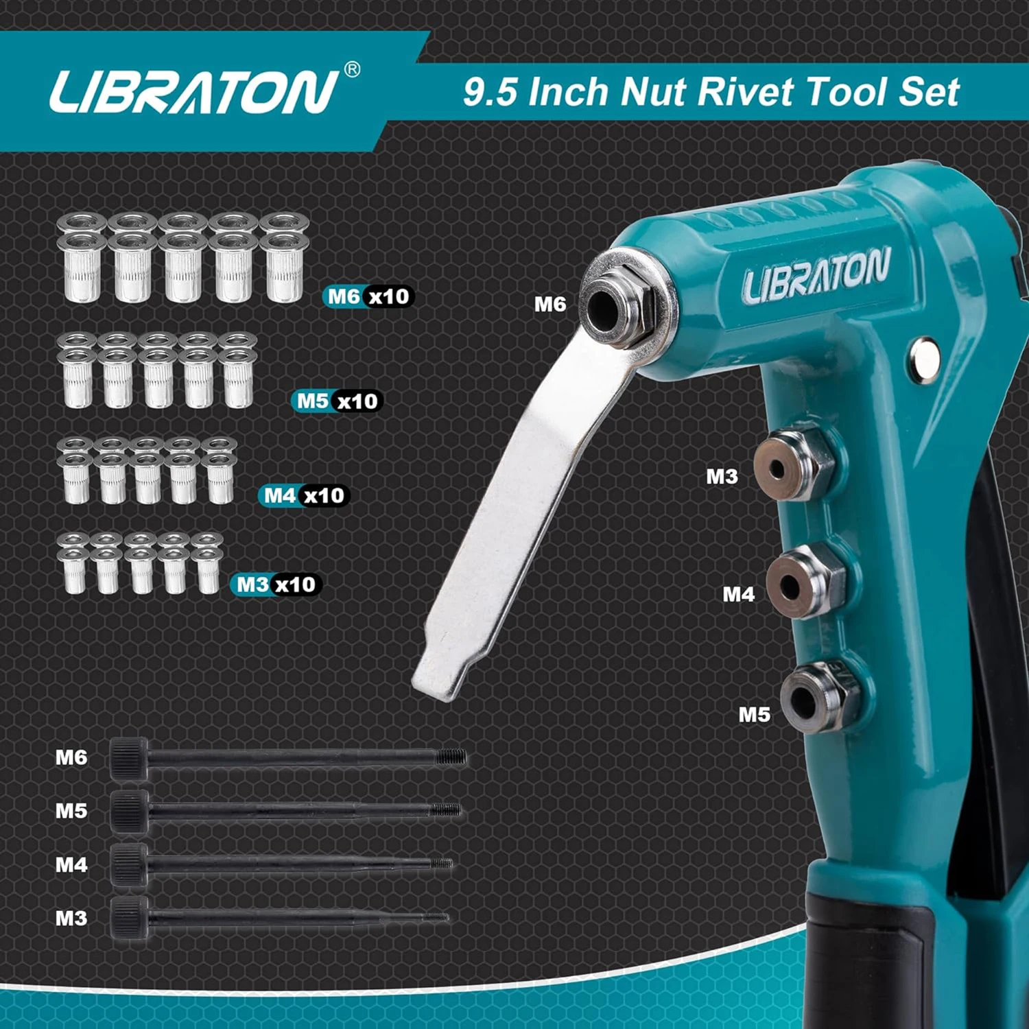 Libraton-Rivet Nut Gun, Kit de ferramentas de uma mão, rosca rebite porcas, métrica mandris intercambiáveis, 4pcs, 40pcs