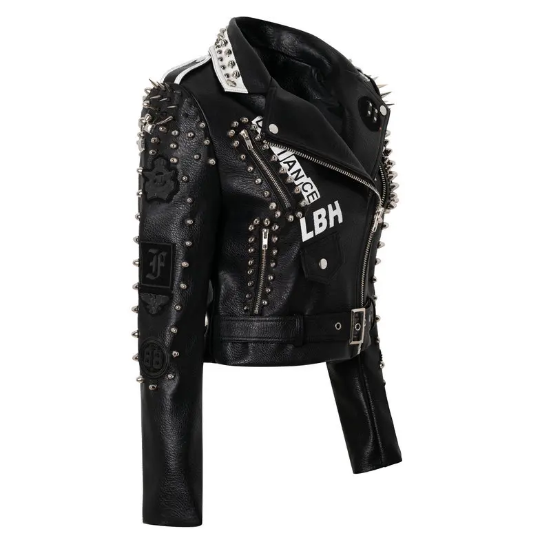 

Black Motorcycle Jacket PU Material Woman's Moto Coat Long Rivet Casual Motorcycle Clothes Rock Punk Jacket Small Size S-XXXL