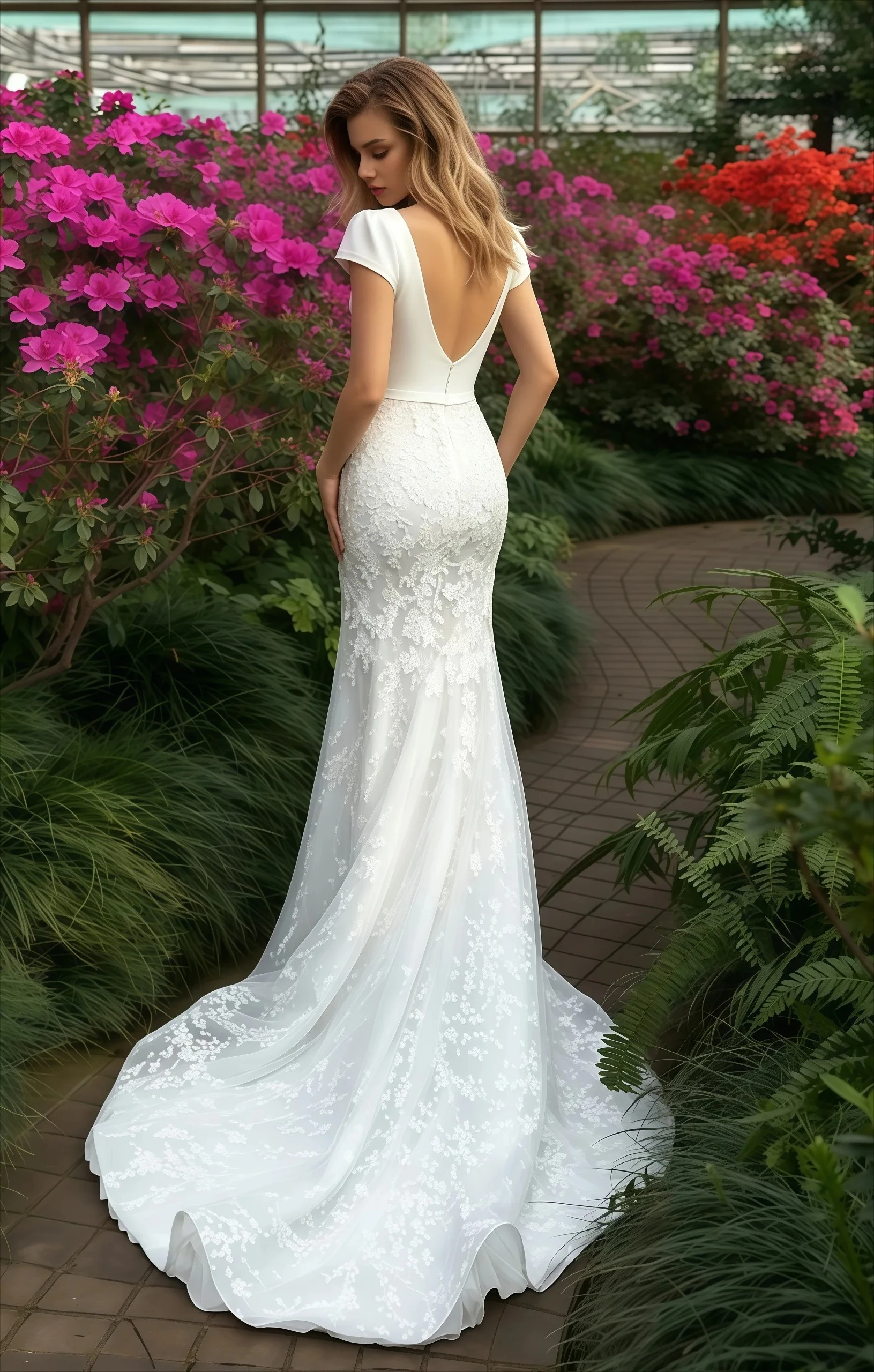 Customized Embroidered Lace Cap Sleeve V-Neck Fishtail Dual V Back Floral Sweep Train Floor Length Minimal Bridal Attire