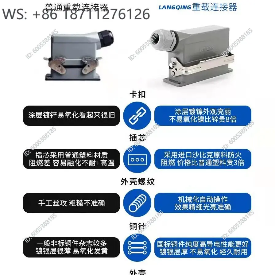 Langqing heavy-duty connectors HE-6 core, 10 pins, 16 rectangular 32, hot runner 48, aviation 20, plug 24, industrial socket