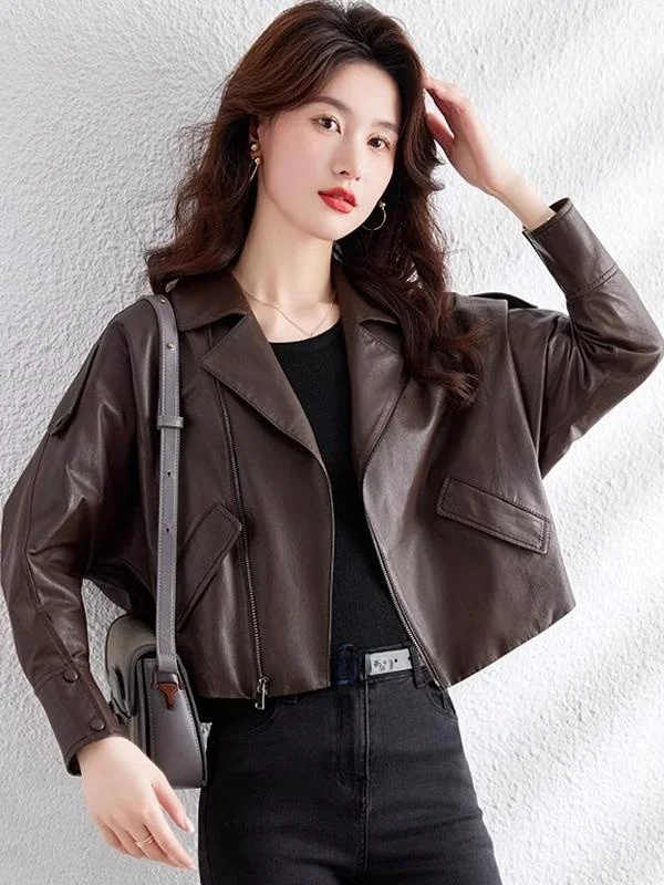 Brown Genuine Leather Jacket Women's Loose Suit Collar Sheepskin Motorcycle Jacket Short Outerwear Small Size Spring 2025