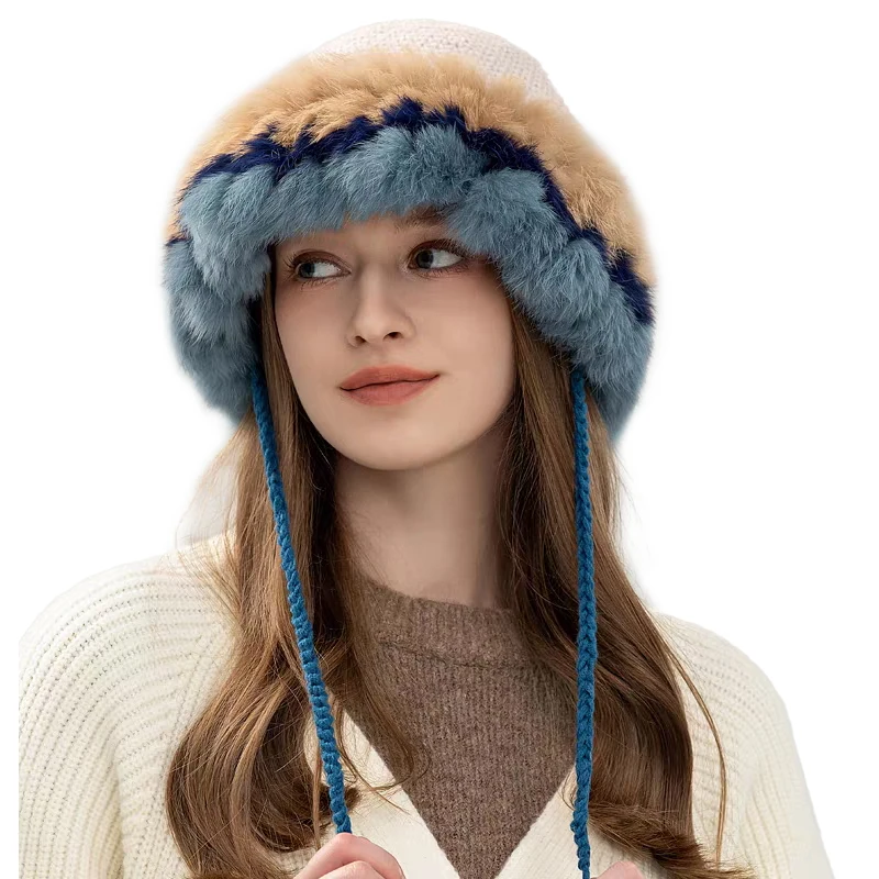 Cheap Sale Winter Rabbit Fur Trim Hat Women Wool Blender Knitting Beanie Hats