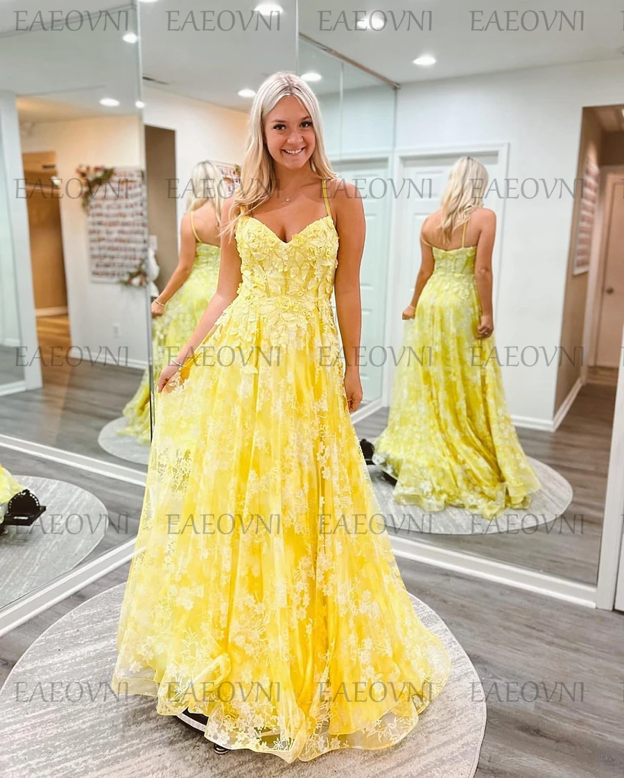 Gaun Prom elegan tali Spaghetti leher V punggung terbuka Vintage tanpa lengan gaun malam Tulle A-Line Court Train Robe De Soiree