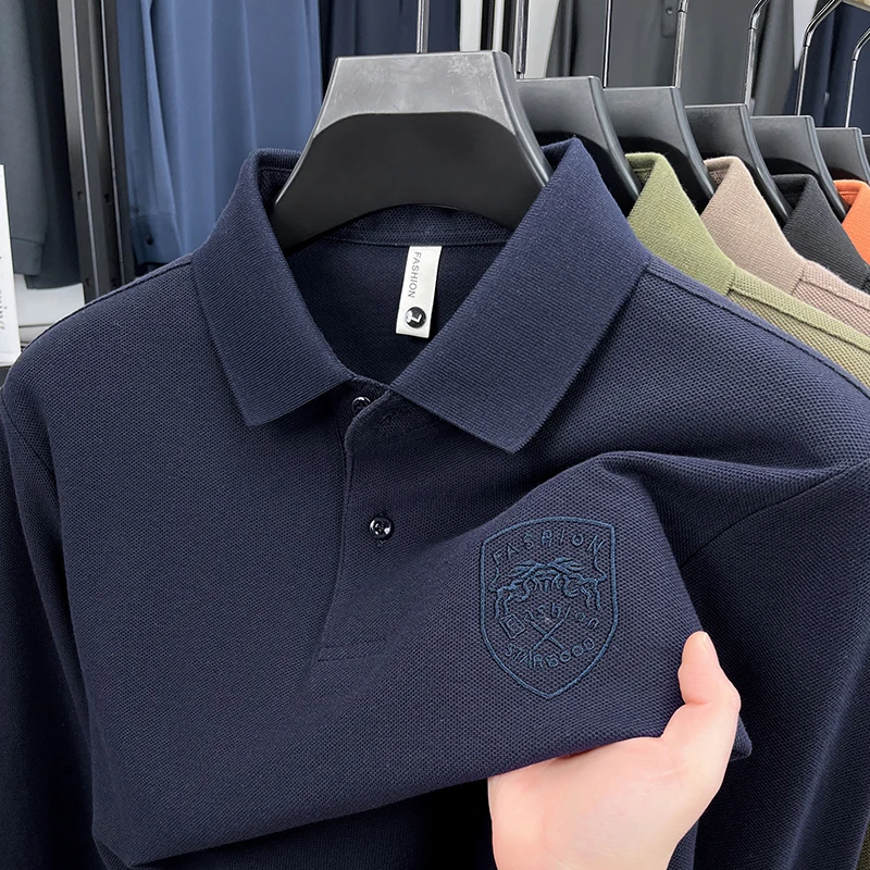 قميص بولو رجالي فاخر بأكمام طويلة وطية صدر السترة 100% قطن قابل للتنفس ومضاد للبيلينغ ملابس رجالية كلاسيكية عصرية متعددة الاستخدامات #2