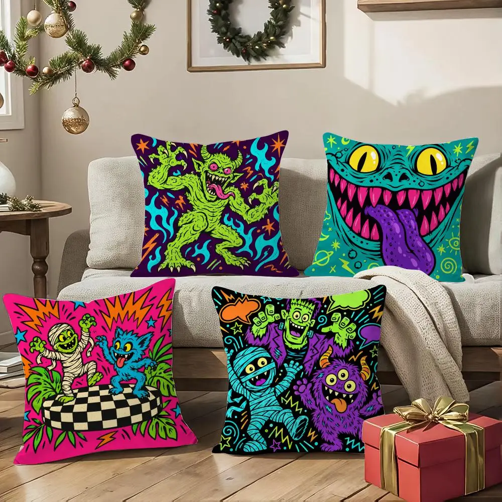 Monster Graffiti Cushion Cover 1/4Pcs Soft Plush Throw Pillow Cover Double-Sided Print Sofa Living Room Decor