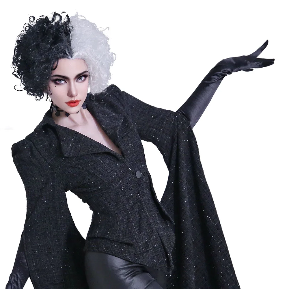 Disfraz de Cruella para mujer adulta, abrigo negro, peluca, trajes, Halloween, Carnaval, juego de rol, ropa de mujer