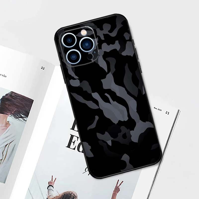 Black Night Camo Camouflage Case For iPhone 17 Pro Max 11 14 15 16 Pro Max 12 13 mini 16 Plus 16e 17 Air Phone Cover