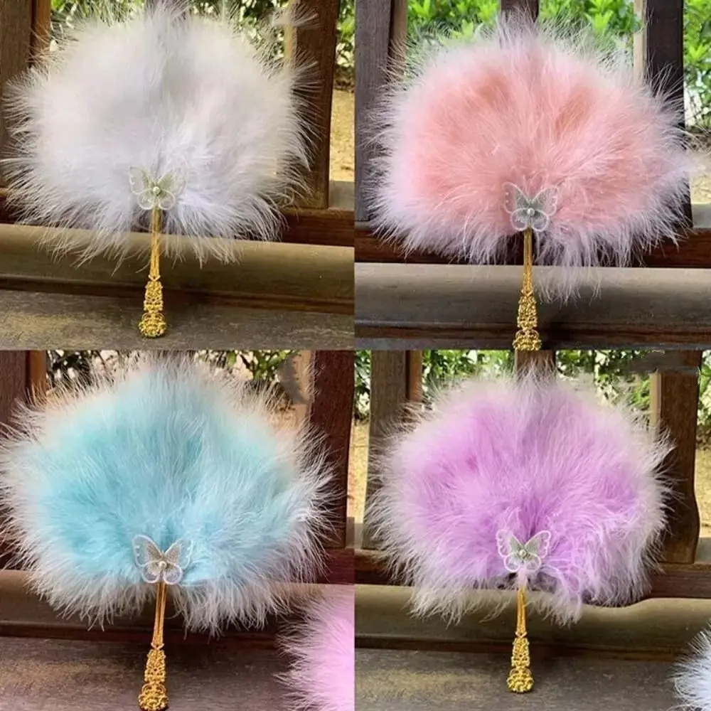 Vintage with Tassels Fairy Feather Fan Fluffy Colorful Craft Fan Foldable Photo Prop Dance Hand Fan