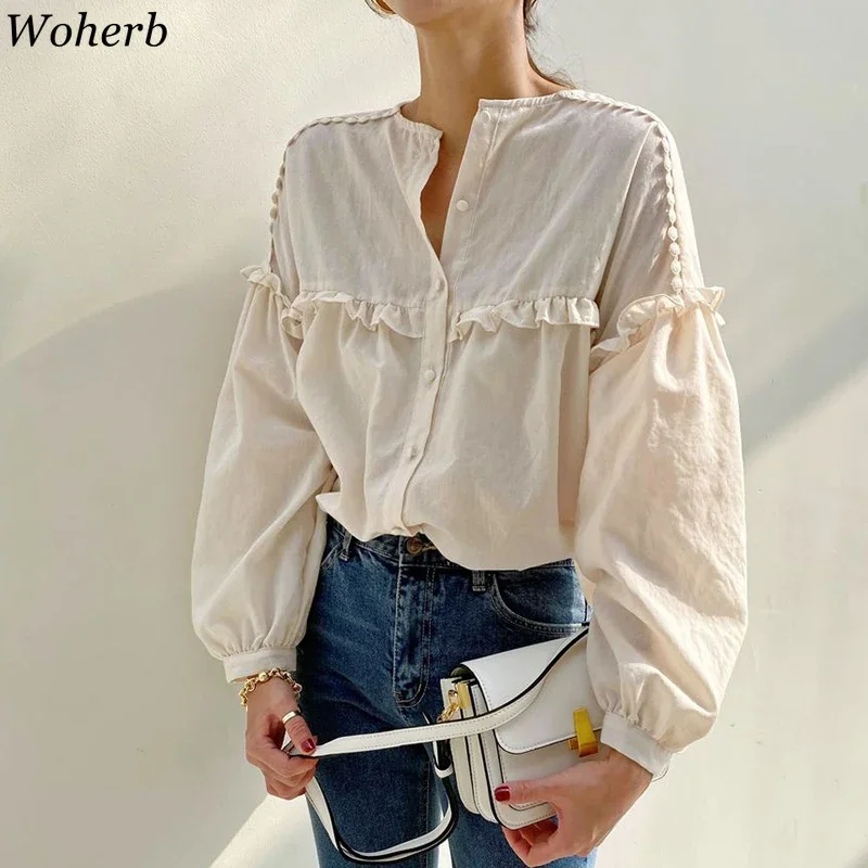 Woherb O-neck Shirt Summer Casual All Match Tops Eleegant Ruffle Long Sleeve Blouse Top Korean Chic Fashion Blusas 2024