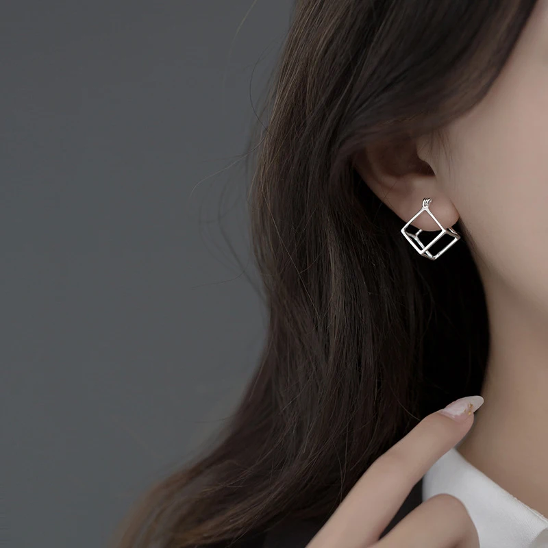 Modian New Design Geometric 3D Square Cube Stud Earrings for Women Authentic 925 Sterling Silver Stylish Minimalism Jewelry Gift