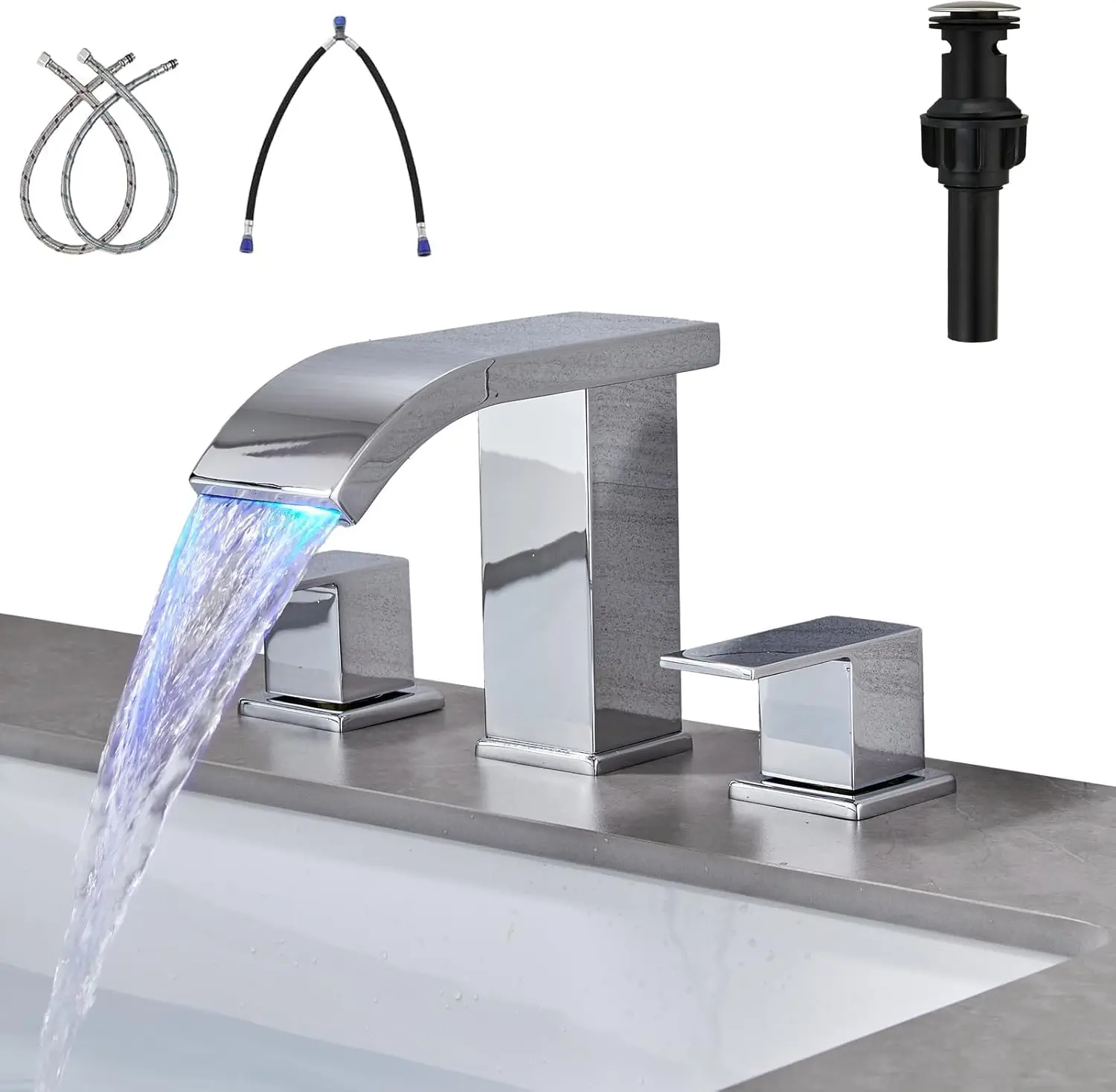 

LED Light Waterfall Bathroom Faucets for Sink 3 Hole- Widespread Bathroom Sink Faucet with Drain, 2-Handle Bathroom Faucet with