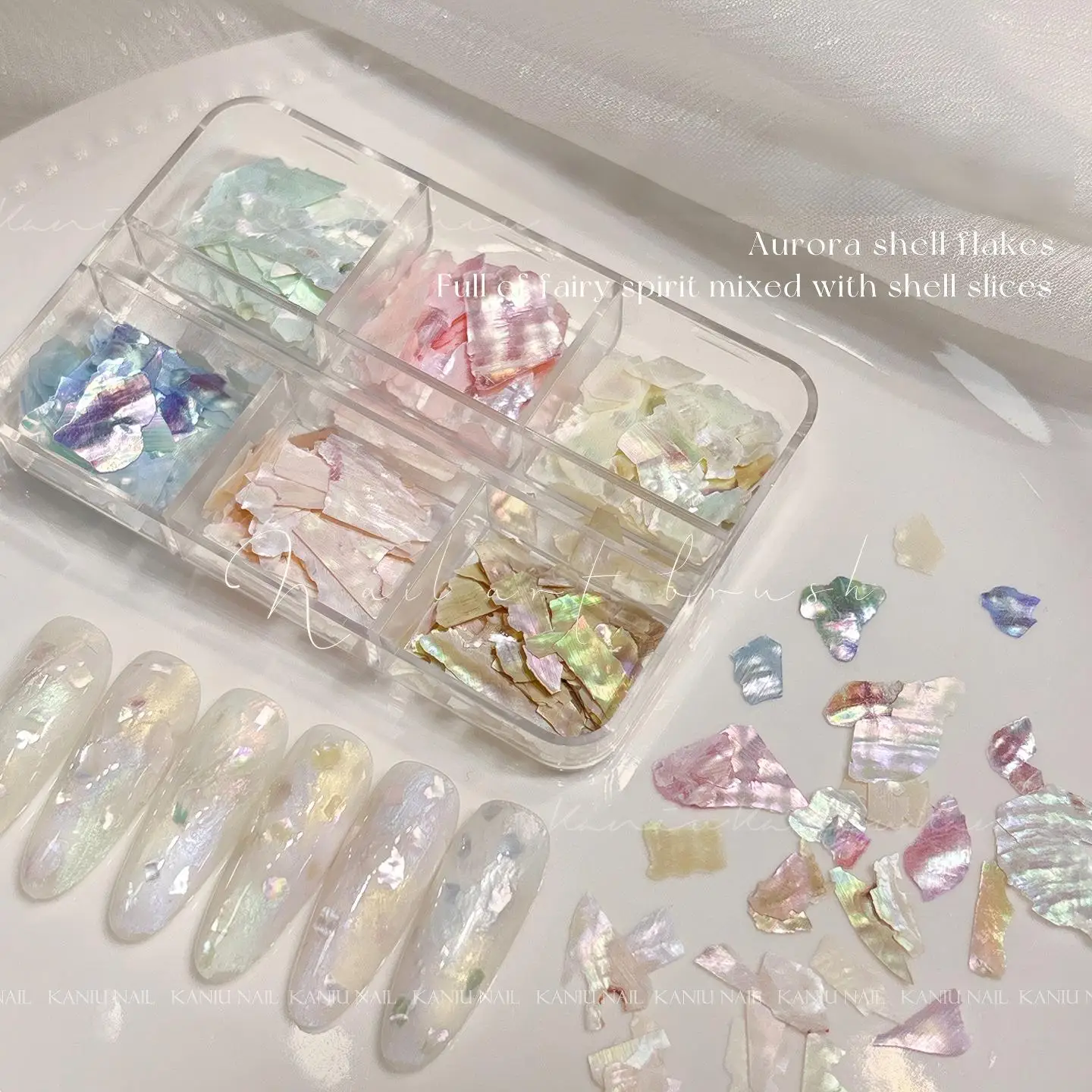 1 Boîte/6 Grilles de Tranches de Coquillages Aurore Irrégulières, Flocons de Coquillages d'Ormeau Irisés pour Nail Art, Décorations Acryliques pour Ongles