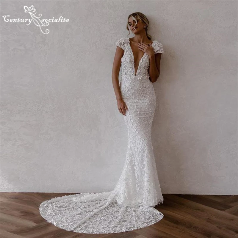 

Lace Wedding Dresses Mermaid 2023 Backless V-Neck Short Sleeve Boho Bridal Gowns Elegant Bride Dress Vestido De Noiva