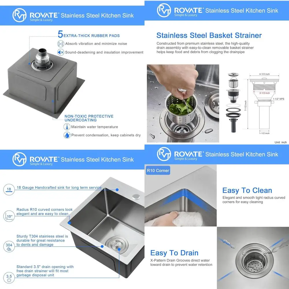 

15 x 15 x 8 Inch Single Bowl Top-Mount Stainless Steel Bar Sink with Basket Strainer