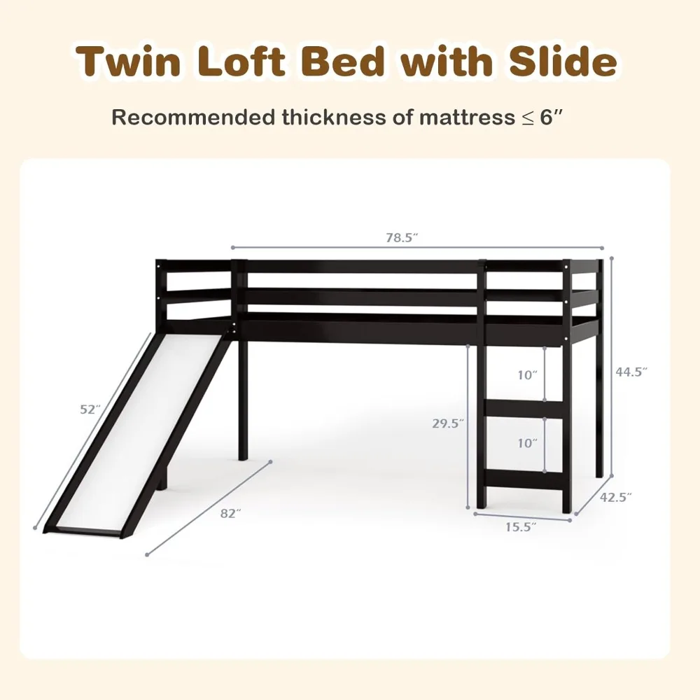 Twin Loft Bed with Slide, Wood Low Loft Bed for Kids, Toddlers, Twin Bed Frame with Climbing Ladder & Storage Space