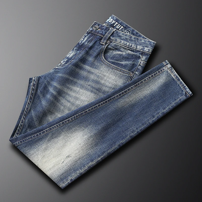 Men's Washed Blue Jeans Gradient Faded Wash Small Embroidery Logo Stretch Slim Fit Hip Hop High Street Casual Denim Pants Jeans