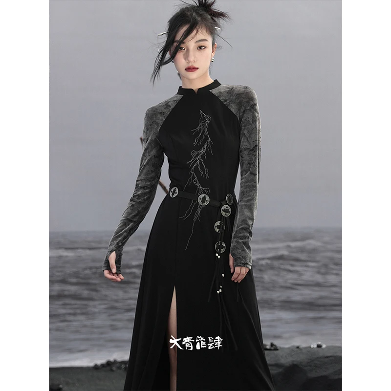 2024 Women's Clothing Dress Design Sense New Chinese Style Black Bamboo Leaf Printing Retro Split High Waist Middle Length Skirt