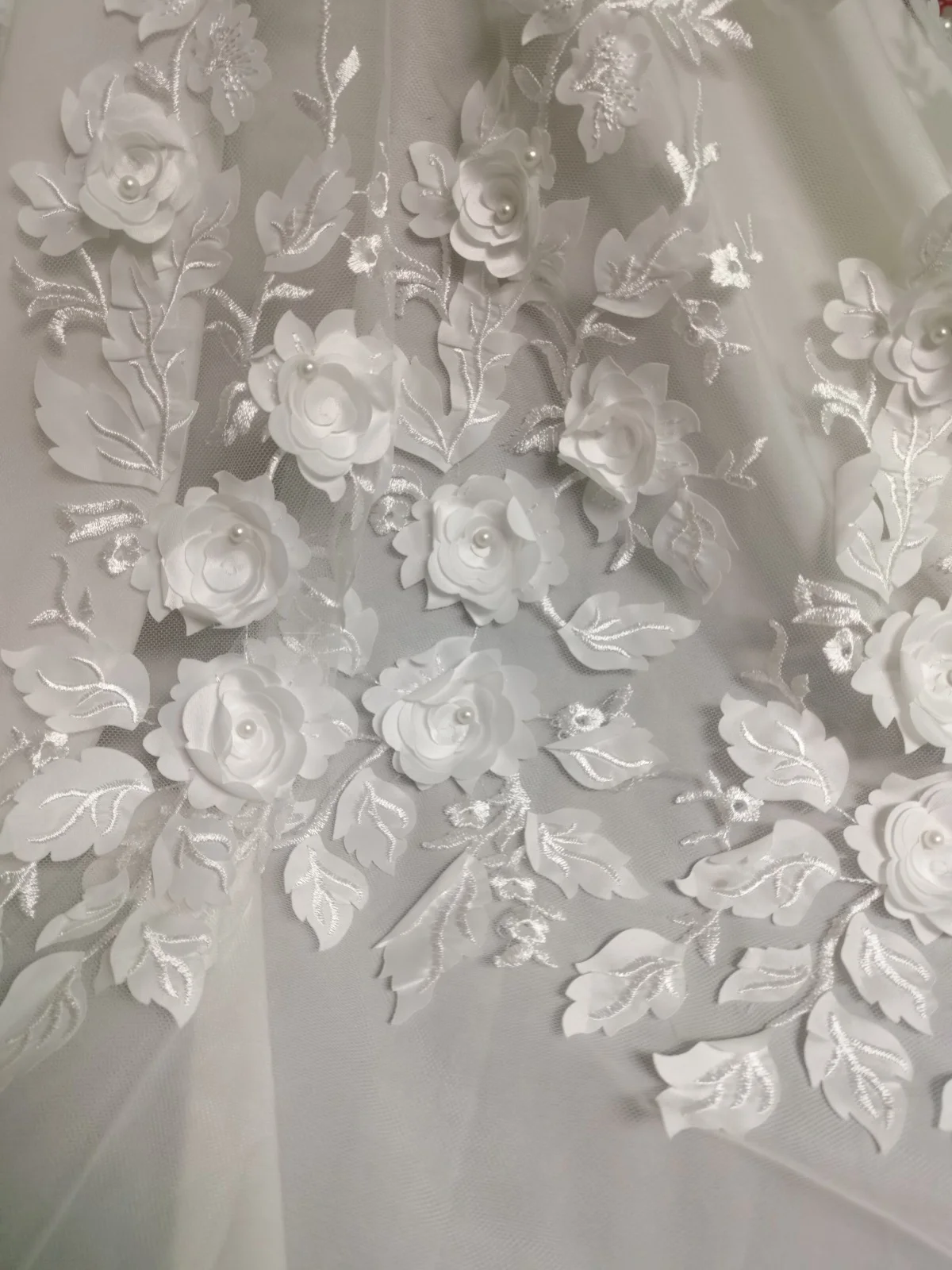 1yard 3d Flower Off White Color Pears Beaded Tulle Mesh Fabric Wedding Dress Sewing Lace Sell by Yard