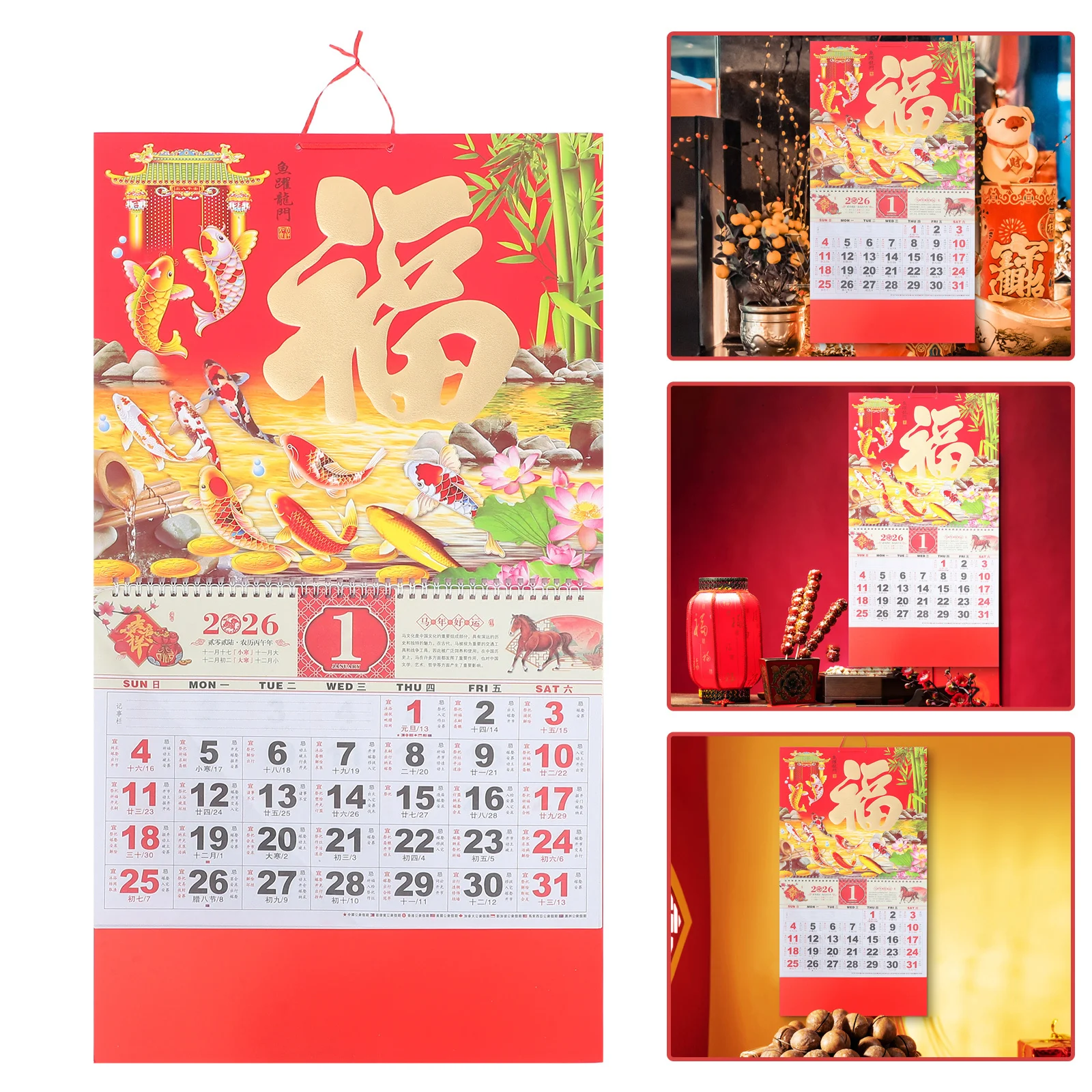 

Year of Horse 2026 Lunar Calendar Chinese Wall Hanging Decor Gold Foil Fu Character Yearly Planner Calendar for Home Office
