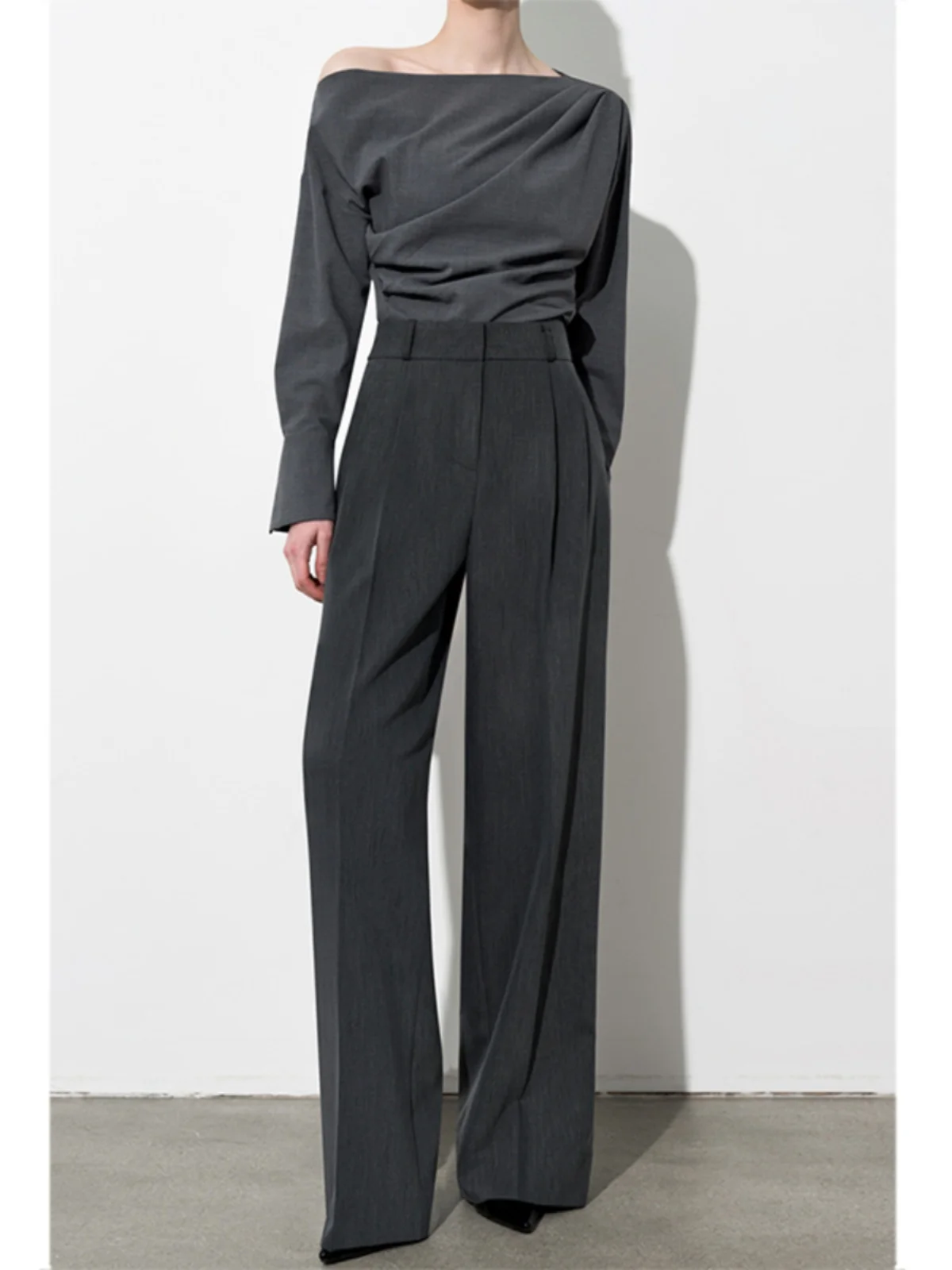 Deep Grey High Waist Draped Wide Leg Pants Women's Casual Straight Cut Long Trousers Pear Shape Body High End Sensation Suit ...
