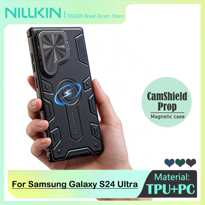 

NILLKIN Armor Prop Magnetic Case for Samsung Galaxy S24 Ultra, MagSafe Charging, Foldable Stand, Camera Lens Cover, Shockproof