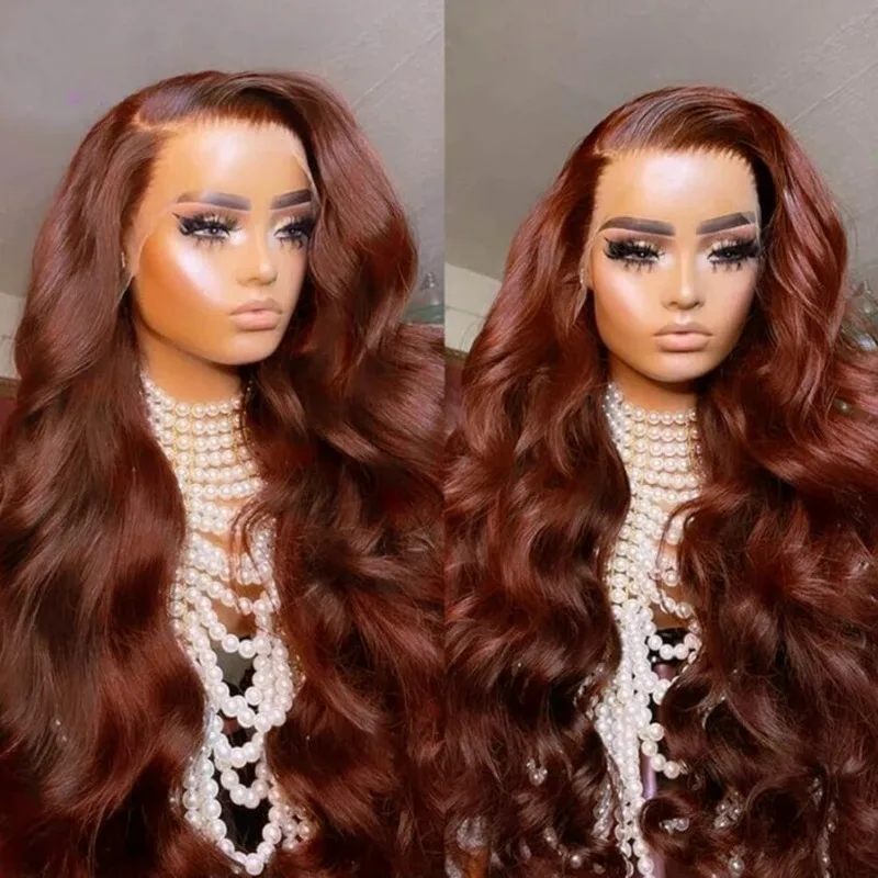 

30 Inch Body Wave 13x4 Lace Frontal Human Hair Wigs Colored Water Wave 250% Reddish Brown 13x6 Full HD Lace Front Wig For Women