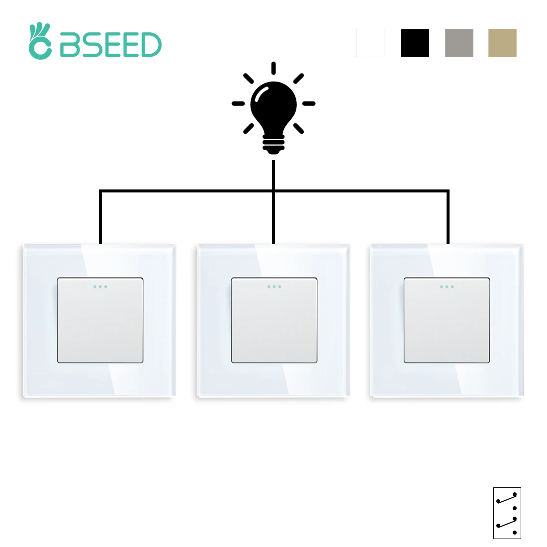 BSEED 1Gang 3Way Mechanical Button Switch Wall Light Switches Glass Panel Intermediate Switch EU Standard 86*86mm 10A 3Pack