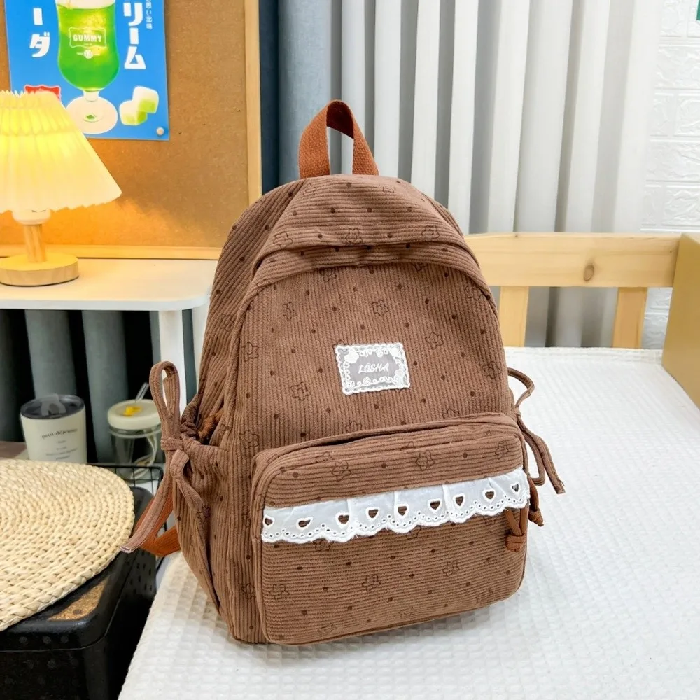 Corduroy Material Corduroy Backpack Polka Dot Print Lace Floral Print School Backpack Korean Style Aesthetic Design