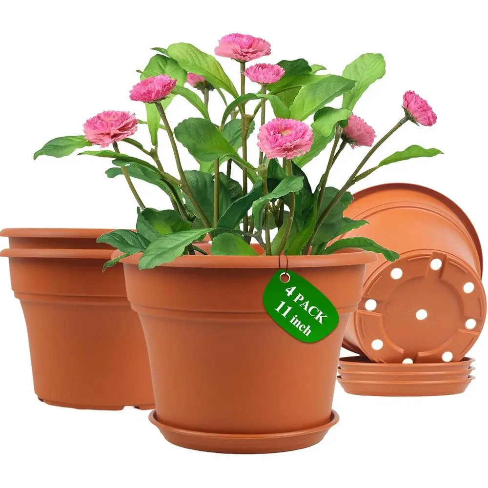 

Pottie 11 Inch Plastic-lower-Pot-or-Indoor-Plants, 4 Pack Large Outdoor Planter Pot with Drainage Holes & Saucers, Resin Decorat