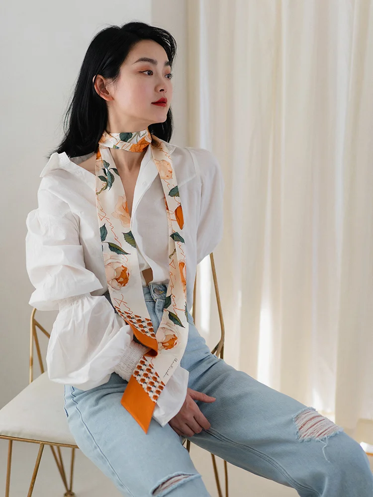 

Original Rose Print Silk Satin Narrow Scarf Hairband Bag Wrap Necktie Summer Autumn Cotton Fabric Small Long Thin Scarf