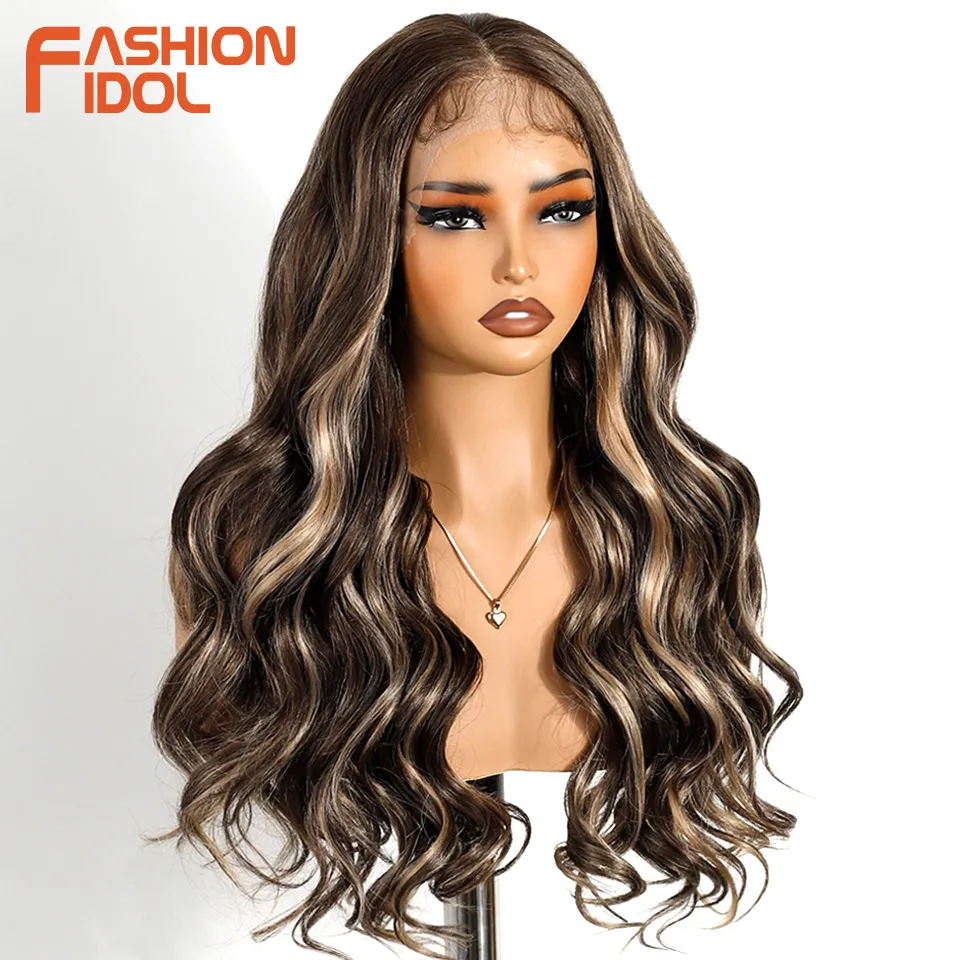 FASHION IDOL 24inch Deep Wave HD Transparent Lace Front Wigs Synthetic Hair with Baby Hair Brown 13x4 Lace Frontal Wig for Women