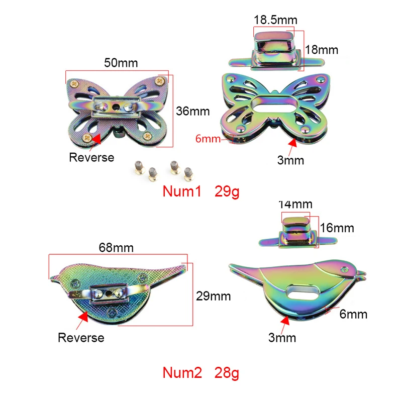 10-20-50pcs 2 Size Rainbow Metal Hardware Leather Crossbody Wallet Bird Butterfly Turn Twist Clasp Lock Closure Bag Accessories