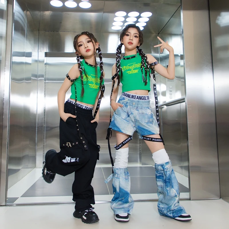 Kids Hip Hop Kleding Jazzdans Kostuum Meisjes Streetwear Groen Vest Cargo Broek Shorts Outfits Street Dance Kleding DN20394