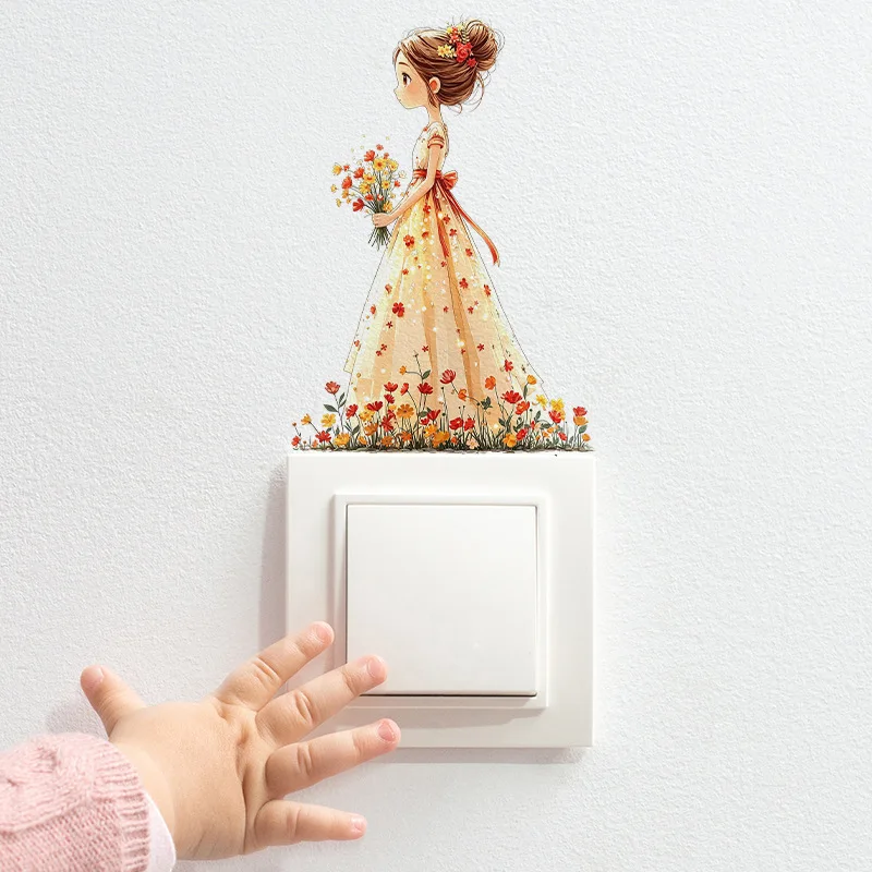 Healing Bouquet Girl Switch Wall Sticker, Cartoon Socket Decor Decal, Home Light Switch Cover Sticker for Wall Decoration