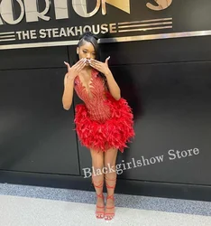 Sexy Feather Short Homecoming Party Dress For Black Girls Red Crystal Applique Beaded Birthday Party Vestidos De Fiesta