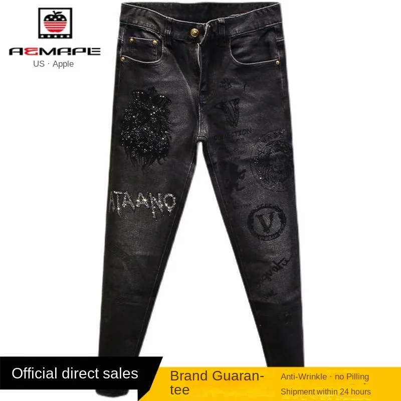 Jeans high-end com strass masculino, jeans slim fit, calça casual, preta, designer de luxo, primavera, outono, designer