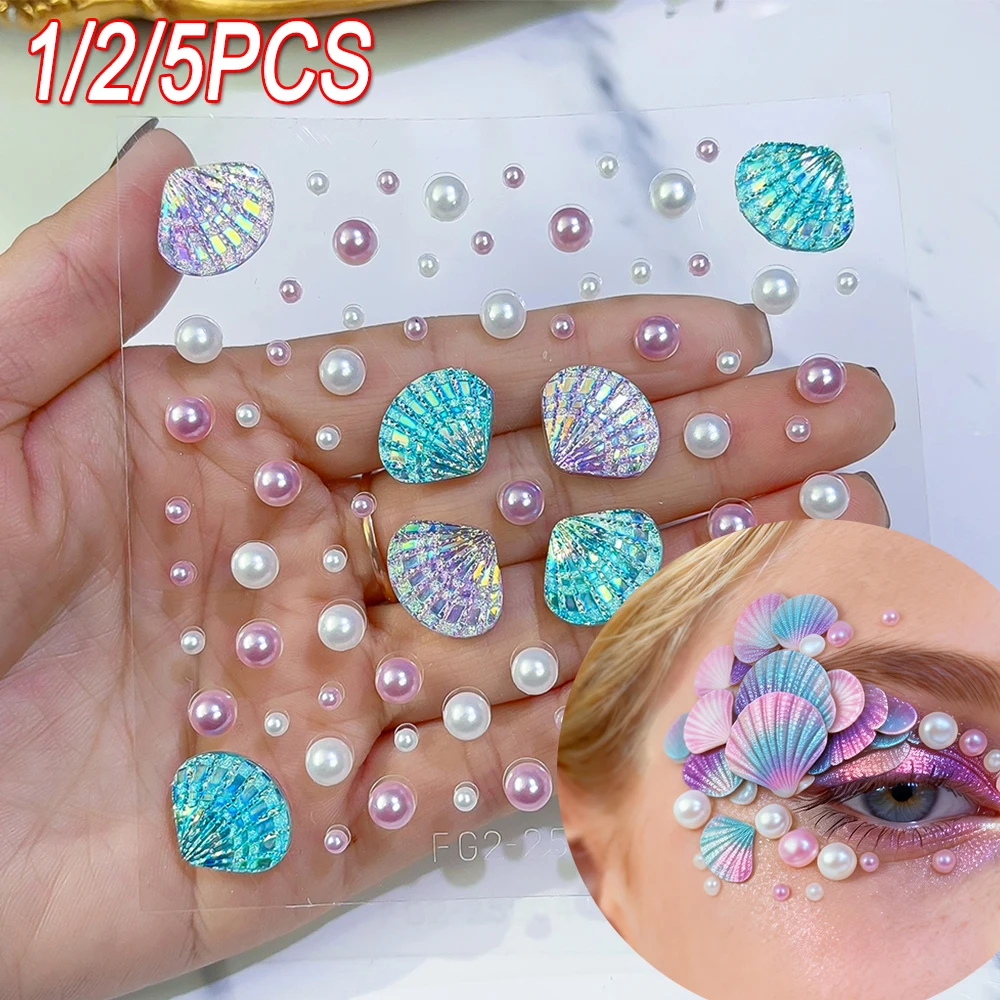 1/2/5pcs 3D Seashell Half Pearls Face Sticker Sparkly Mermaid Facial/Eye Makeup Adhesive Face Temporary Sticker Face Gems Decals