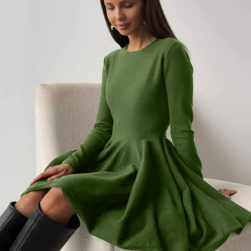 

2026, осеннее новое модное универсальное высококачественное плиссированное шерстяное платье в европейском и американском стиле, трикотажное платье с круглым вырезом на талии для женщин