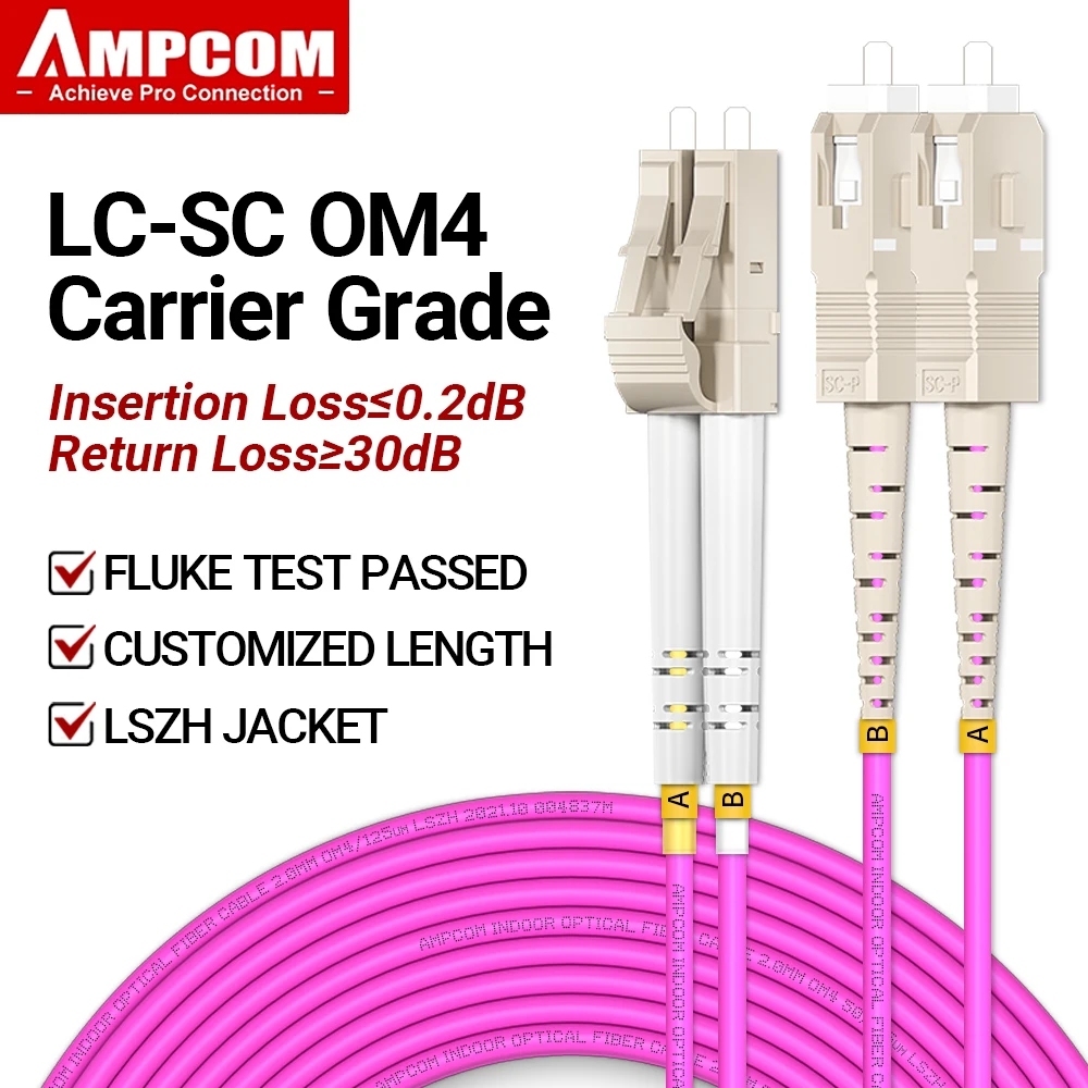 AMPCOM OM4 LC to SC UPC Fiber Optical Patch Cable Multimode Duplex MMF 50/125μm 40Gbps Bend Insensitive 2.0mm Fiber Optic Cord