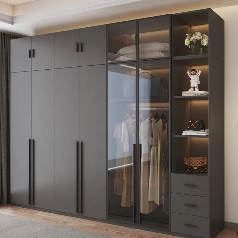 Light luxury glass door solid wood wardrobe home bedroom modern simple cloakroom combination three four five six eight wardrobe
